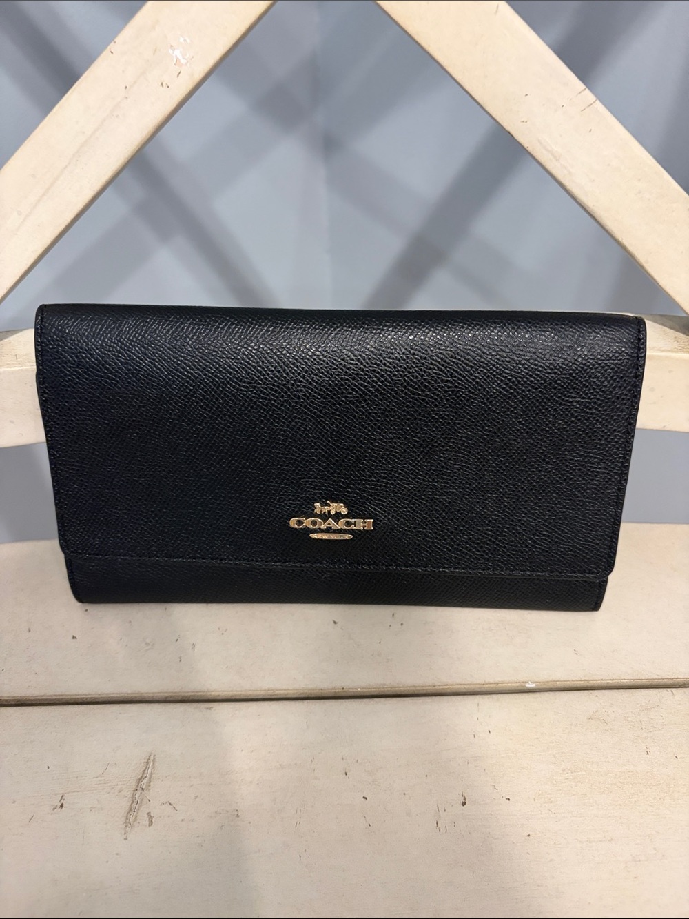Coach Black Pebbled Leather Foldover Wallet with Gold Logo